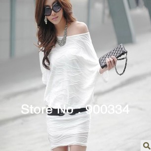 1pcs Women Fashion loose dress Sexy bat sleeve one-piece dress White nightclub dress free shipping