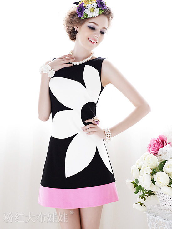 1Piece Free Shipping Summer Black And White Powder Slim Flower Sleeveless Print Casual One-Piece Dress,S/M/L/XL Size,FWO101014