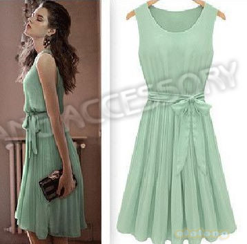 1piece/lot Fashion Sexy Women Light Green Sleeveless Pleated Summer Slim Long Chiffon Vest Dress S/M/L Size 650638