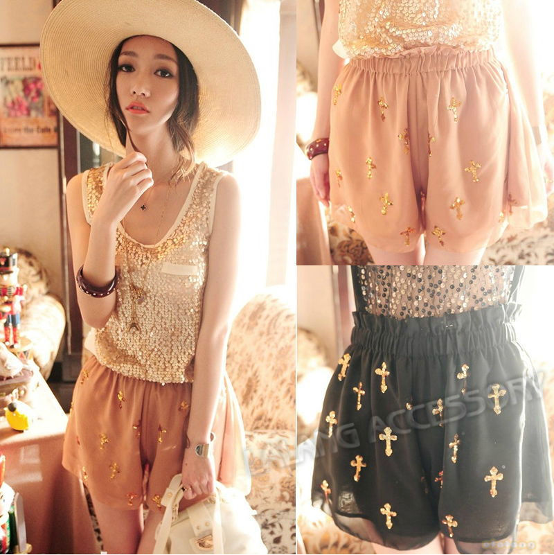 1piece/lot Fashion Sexy Women Shiny Latin Cross Sequins Georgette Chiffon Skirt Culottes Pants Shorts 650638