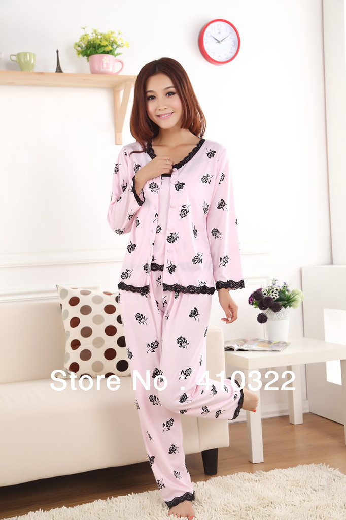 1Set/Lot Autumn / Spring Floral Lace Women Pajama Sets in Pink Cotton Sleepwear for Lady P6842 Free Shipping