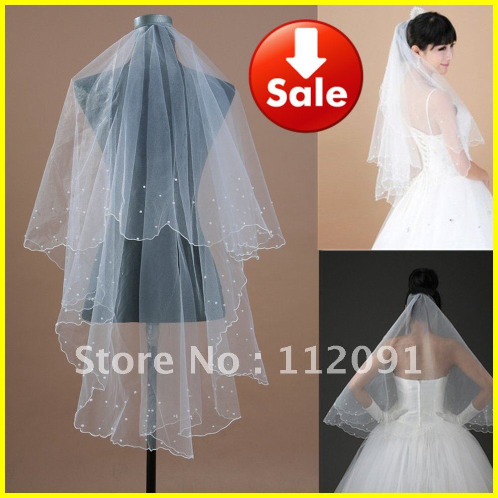1T White Ivory Wedding Bridal 47"X57" Pearls Scallop Edge Veil