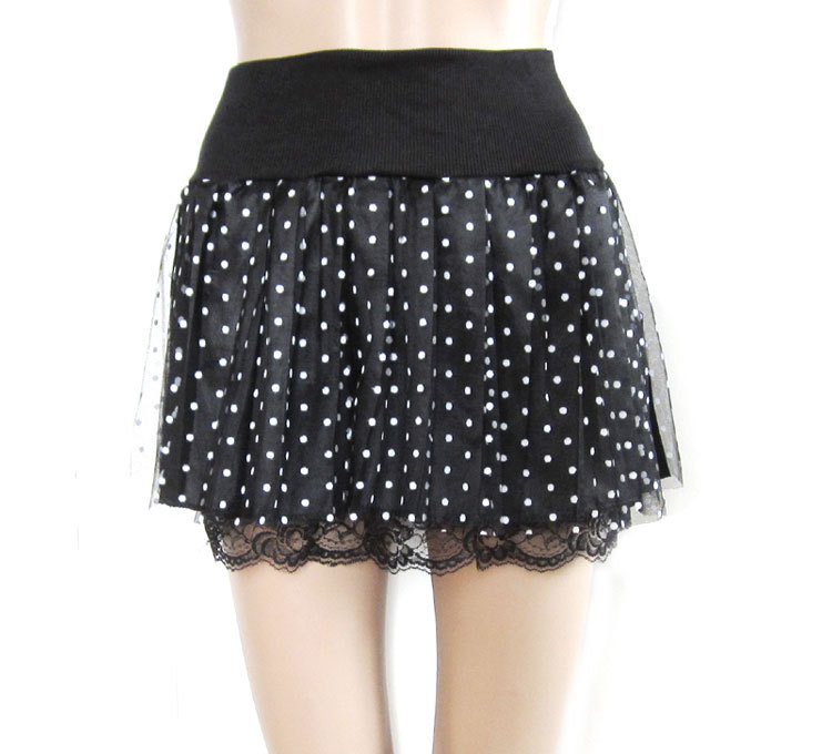 2 ! 1005 black-matrix dot pattern heliosphere gauze lined laciness pleated short skirt Leather fashion