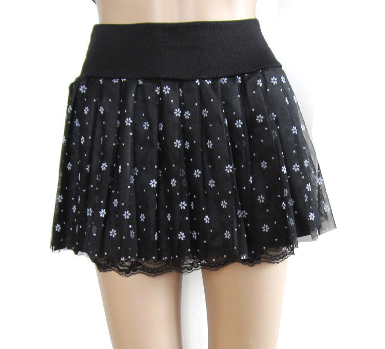2 ! 1005 black-matrix pattern heliosphere gauze lined laciness pleated short skirt Leather fashion