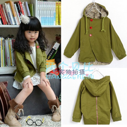 2 12 girls clothing leopard print batwing sleeve short design placketing trench outerwear child trench