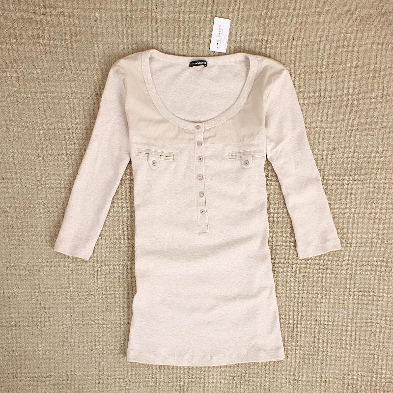 2 2012 autumn women's pocket decoration 100% cotton mosaic half sleeve basic shirt t-shirt PX