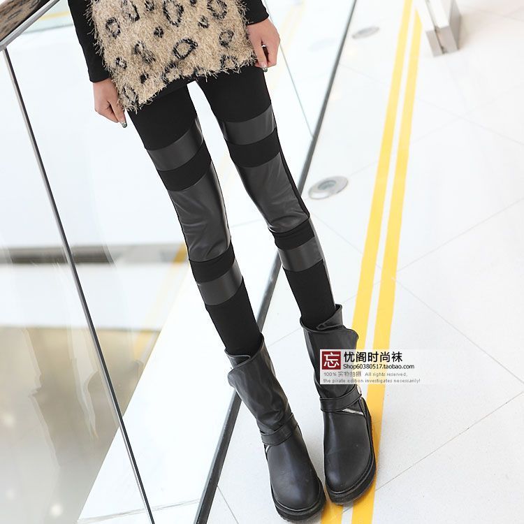 2 2013 trousers cotton patchwork PU faux leather slim legging female ankle length trousers