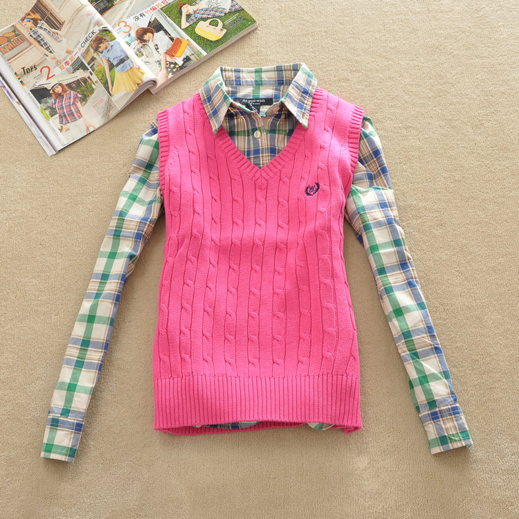2 2013 women's knitted vest fashion preppy style V-neck sweater pullover female