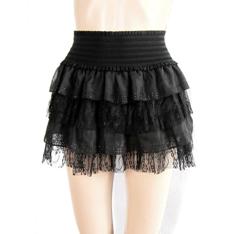 2 ! 468 black chiffon lace layered dress miniskirt Leather fashion