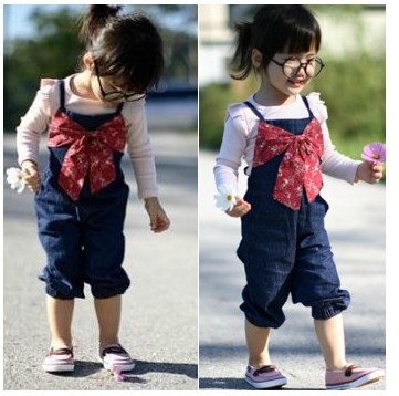 2~6 years girl's fashion bow suspender pants,2013 new kids jeans, girls bow overalls jumpsuit,long trouses,free ship