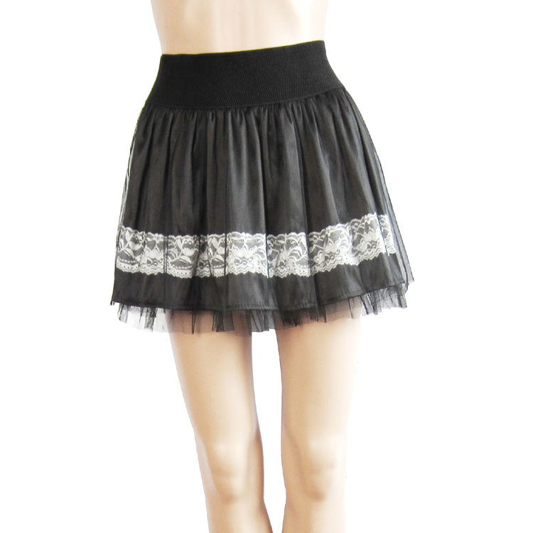 2 ! 6201 elegant lace decoration interspersion gauze plain satin short skirt puff skirt black nude color Leather fashion