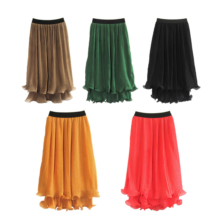 2 ! 8018 5-color double layer ruffle hem sweep pleated chiffon full dress Leather fashion
