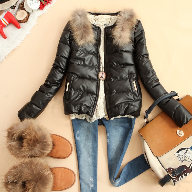 2 aru-v621 women's raccoon fur short design outerwear PU wadded jacket cotton-padded jacket k-05