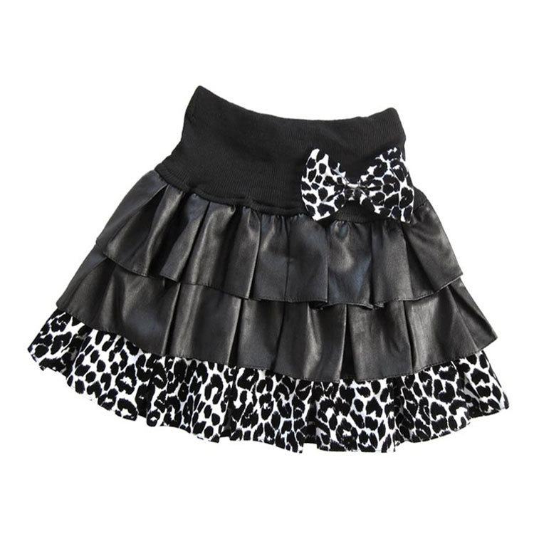 2 ! autumn and winter beautiful black and white leopard print bow interspersion cake PU skirt 182 miniskirt Leather fashion