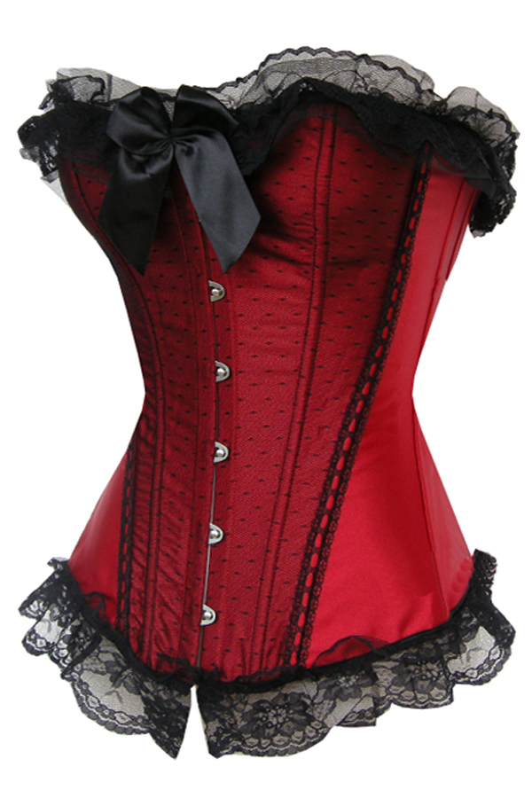 2 color  Red/pink satin with black dots lace overlay lace up boned corset busiter dropship S-2XL