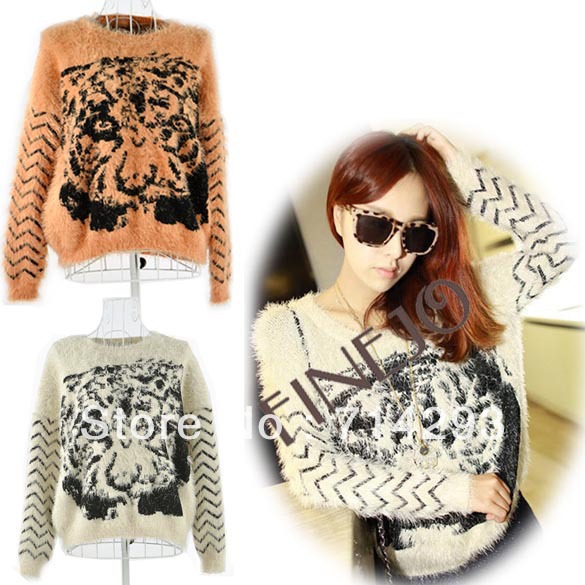 2 Colors free size Women's Loose Sweaters Top Tiger Pattern Pullover Knitwear free shipping 10061