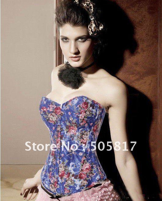 2 colors  Top quality Sexy floral denim corset costume 2012 new fantasy burlesque lift up shaper black blue Free shipping QM5804