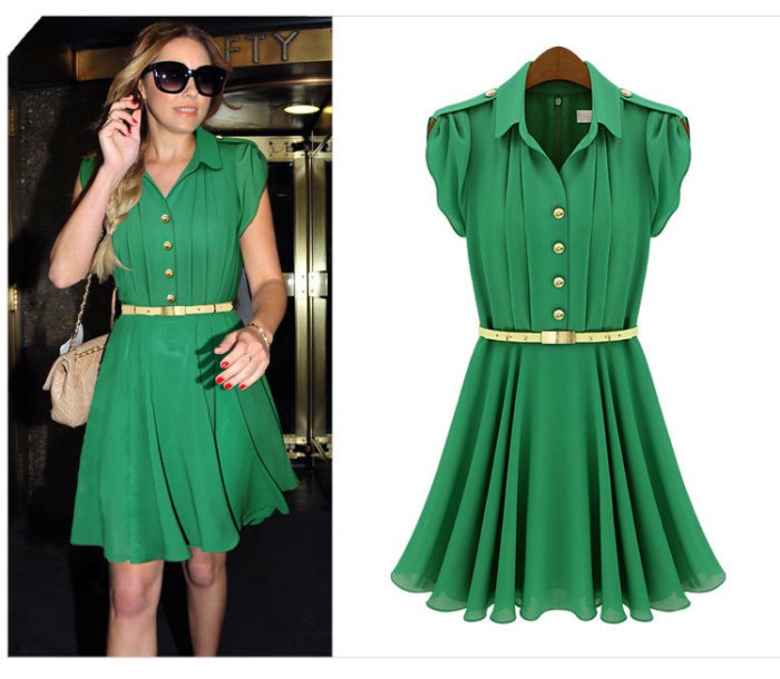 2 colors turn down collar women pleated dress belt 2012/Free shipping elegant office lady green beige Dress/Bee Fahion/LY2012