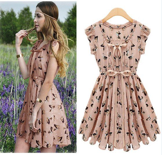 2 colors Vintage summer elk pattern print waist women dress fashion 2013 new/Free shipping S M L XL sizes dress summer/LY2014