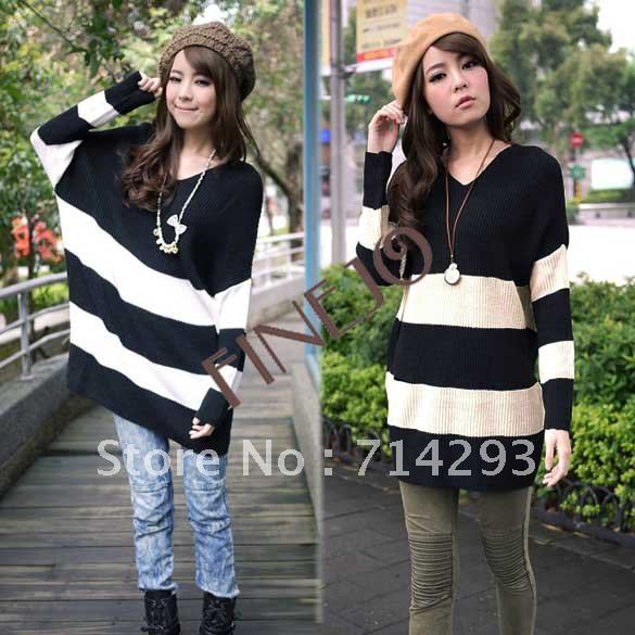 2 Colors Women's Fashion wool V-Neck stripe Batwing sleeve Loose sweaters  free shipping 7703