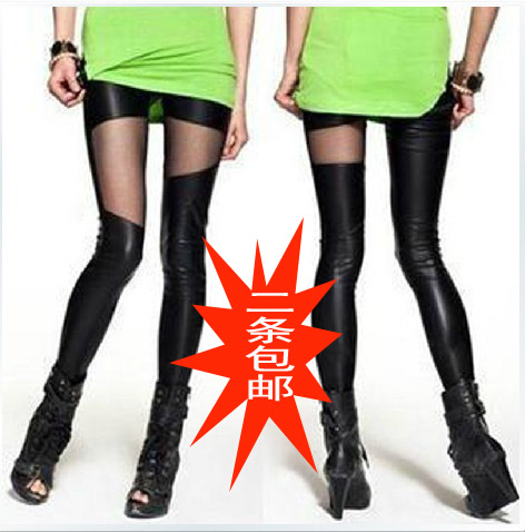 2 faux leather pants legging gauze patchwork faux leather PU legging plus size female spring and autumn