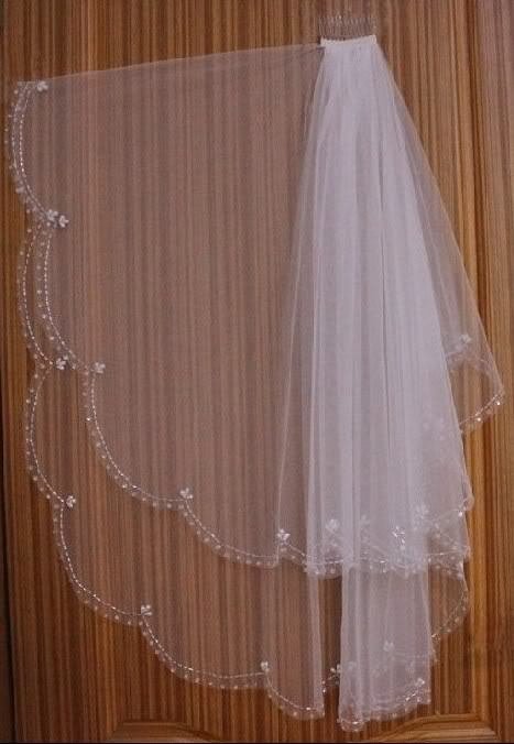 2 layer fingertip bride wedding veil white/ivory hand-beaded bead edge veil comb
