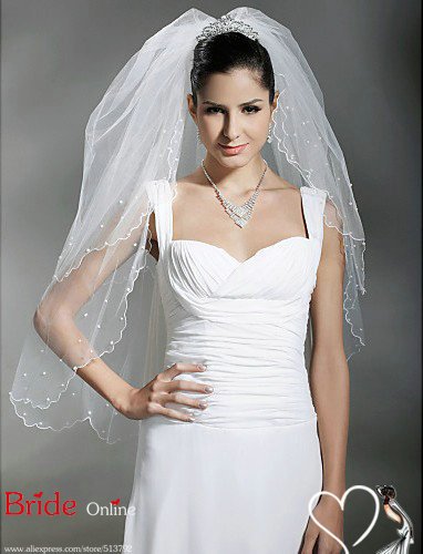2 Layer Fingertip With Beading Tulle Wedding Veil White Ivory In Stock