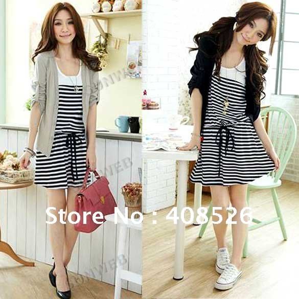 2 Pcs Korean Lady Casual Crew Neck Stripe Mini Dress with Long Sleeve Top Jacket Black, Gray free shipping 7105