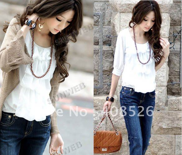 2 PCS/LOT Women's Half Sleeve Crew Neck Wave Style Chiffon Shirt Fashion Autumn Blouse Free Shipping 7202
