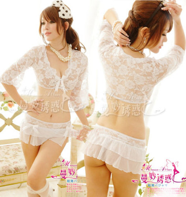 2 Pcs Set  Ladies Mini Lingerie Women's Lace Underwear Dress+G-string Sexy White