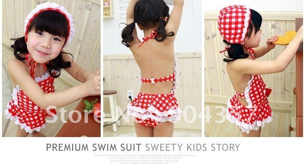 2 Pcs Toddler Baby Kid Girl Piece Swimsuit Red+White Lattice Lace bow Swimwear with Hat Bikinis