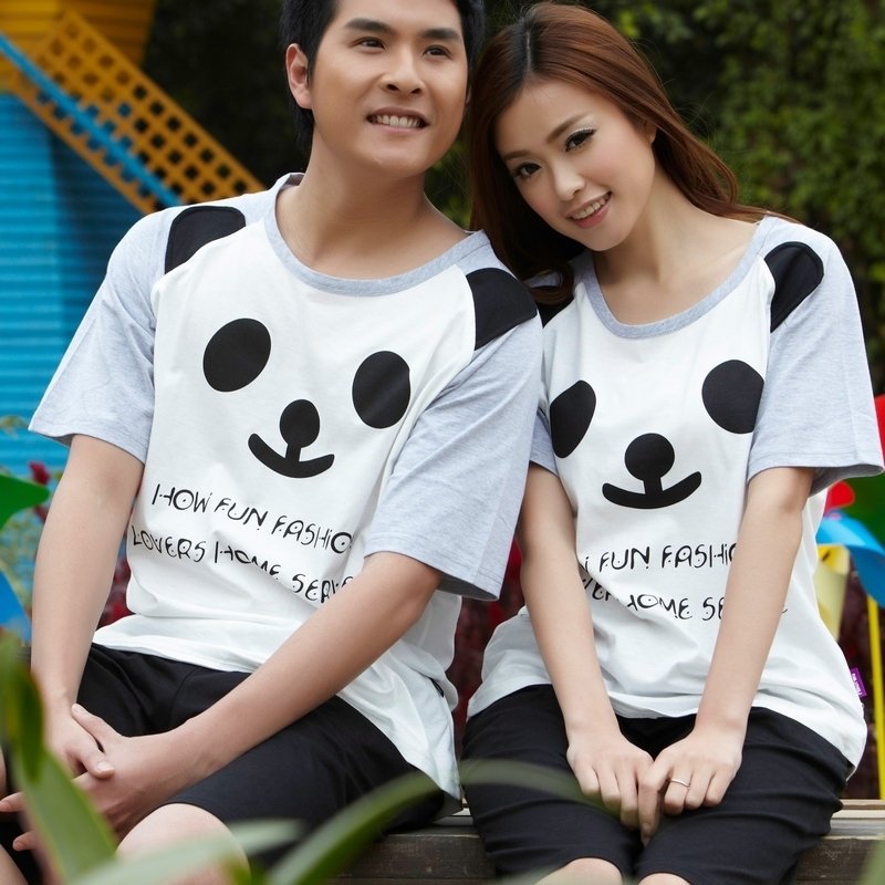 2 set lovers sleepwear spring and summer short-sleeve knitted cotton lounge set cartoon panda