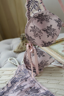 2 single-bra light pink aesthetic satin print push up lace underwear bra set