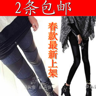 2 thin personality plus size faux leather patchwork faux denim legging female lengthen