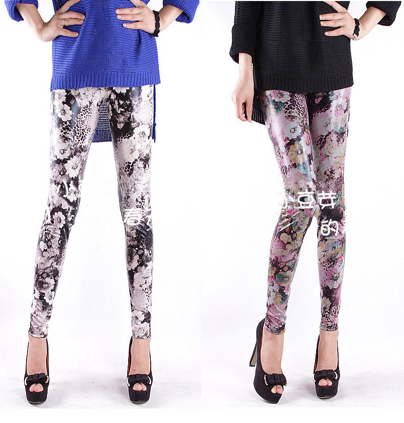 2 trend fashion plaid doodle splash-ink faux leather pants women's legging  spring and summer  trousers free shipping