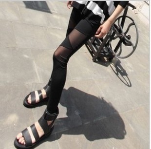 2 trigonometric knee gauze faux leather pants female thin legging patchwork boot cut jeans