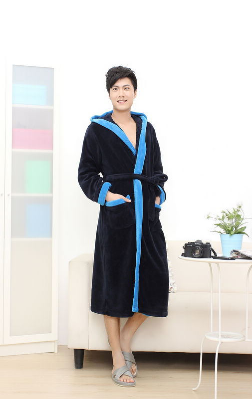 2 ultrafine thick coral fleece sleepwear robe bathrobes male dark blue top cap