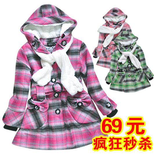 200  Winter child girl wool square grid overcoat plus cotton trench wadded jacket overcoat outerwear 10151
