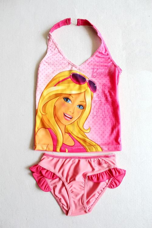 20013 branded baby girl fashion B*rbie prints two pieces halter swimwear children pink swimsuit free shipping to world