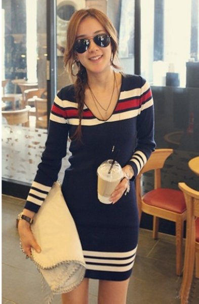 201 hot sale casual V neck long sleeve knitwear blue stripe tunic sweater dresses women's show thin long sweaters free shipping