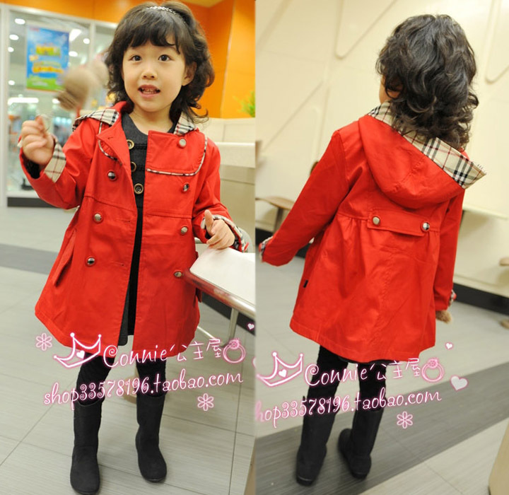 2010 autumn children's clothing - - female child plaid edge double breasted cute trench outerwear double layer