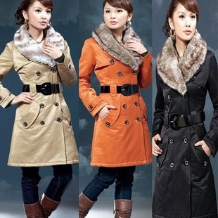 2010 Hot selling Snow Wear women's fashion trench outerwear double breasted casual overcoat fur collar free shipping Y3779