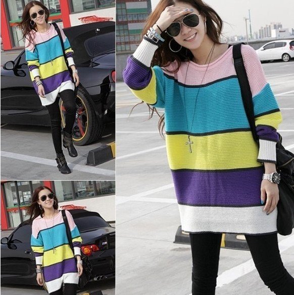 2010 New Korea Autumn Long sweater the color bar fight large size sweater Women coat