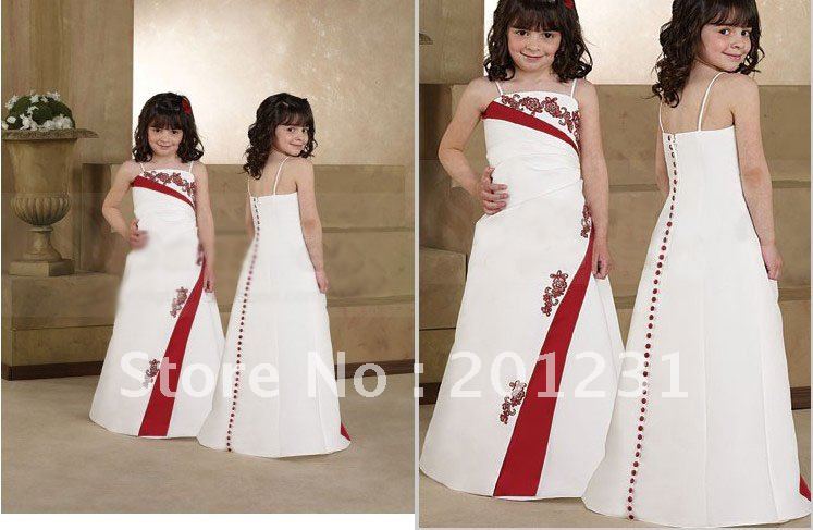 2011 A-line Lovely satin Embroidery spaghetti straps  flower girl dress