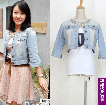 2011 autumn and winter 3713301 rivet buckle lace collar 5 denim coat high quality