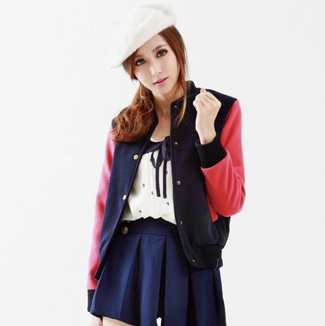 2011 autumn and winter american preppy style color block decoration fashionable casual stand collar single breasted baseball
