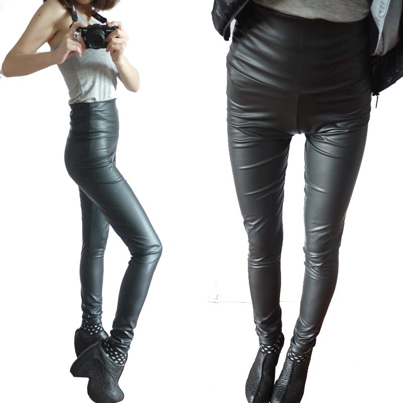 2011 autumn and winter coating faux leather pants high waist hip slim high waist pants legging