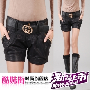 2011 autumn and winter mid waist water washed leather shorts female PU shorts boot cut jeans female leather pants