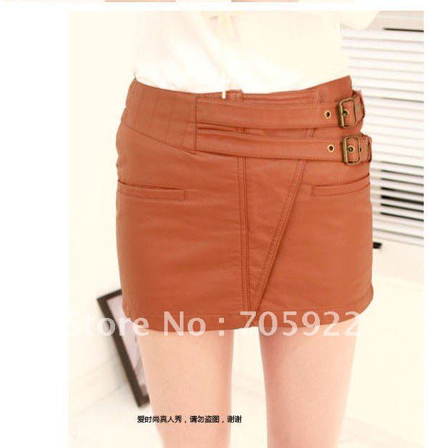 2011 autumn and winter recreational qualities PU leather skirt Twill short straight skirt