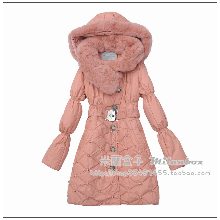 2011 autumn and winter rex rabbit villus tie hat slim design long down coat